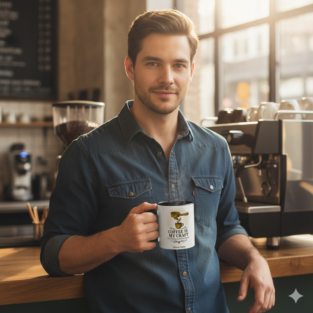 Man holding a personalized coffee is my craft mug in a stylish coffee shop setting.