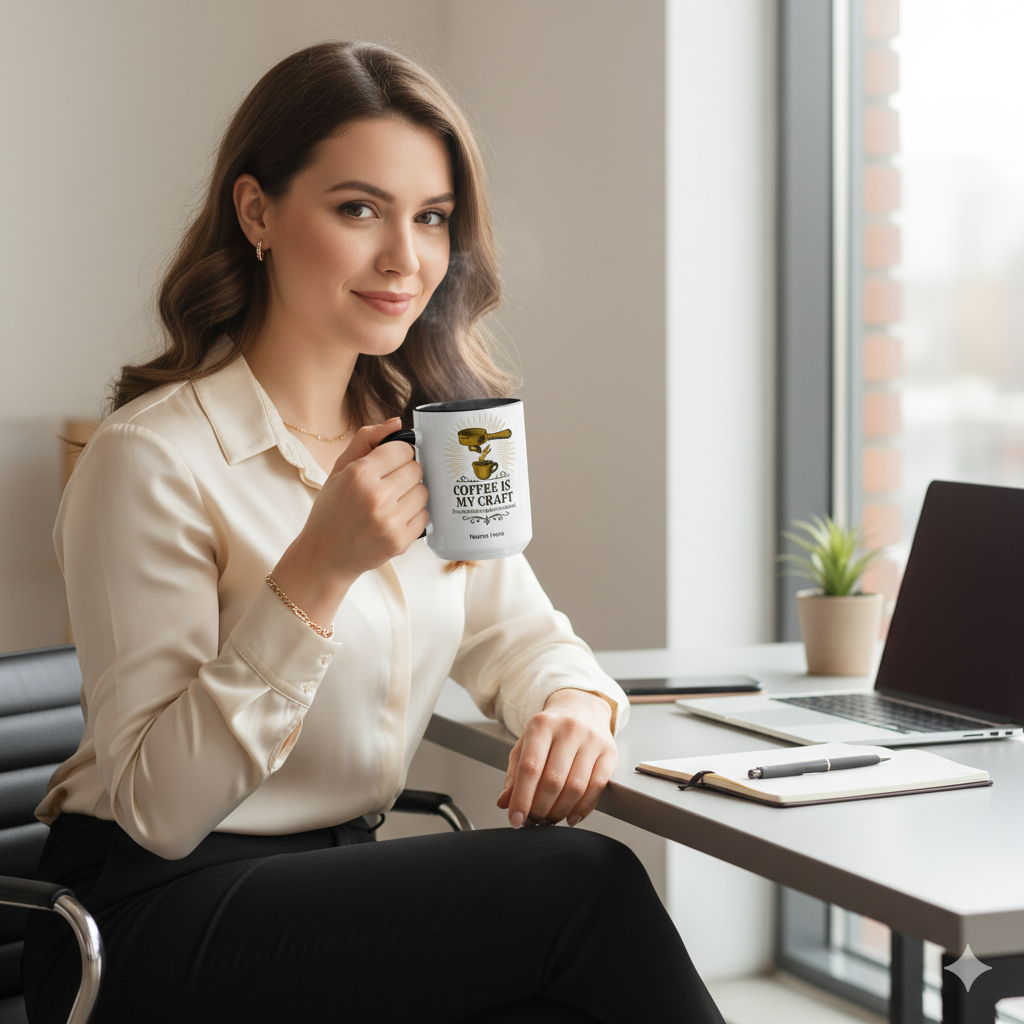 Woman holding coffee is my craft mug in an office setting with a plant and laptop on the table.