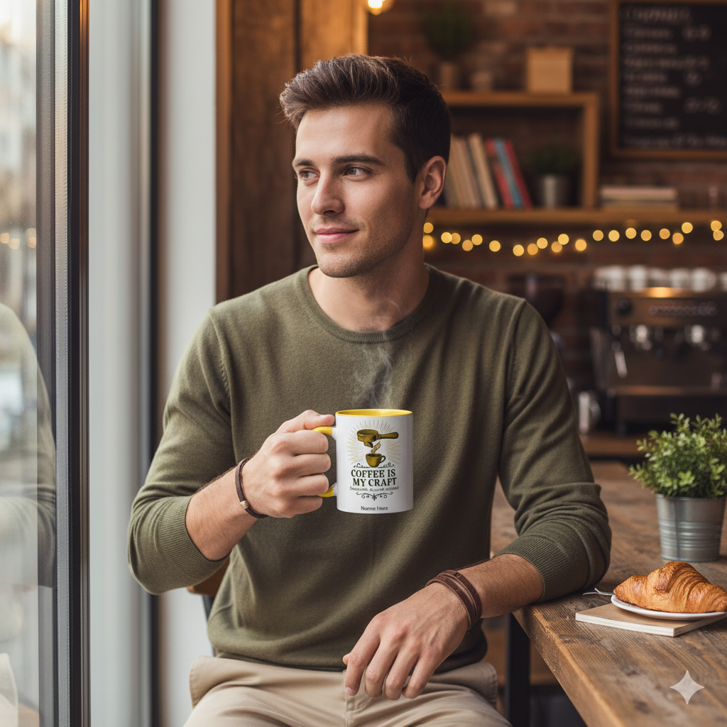 Man enjoying coffee in a cozy café holding a Coffee Is My Craft Mug with steam rising from it.