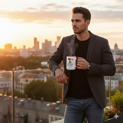 Man holding a coffee is my craft mug while enjoying a sunset view of the city skyline.