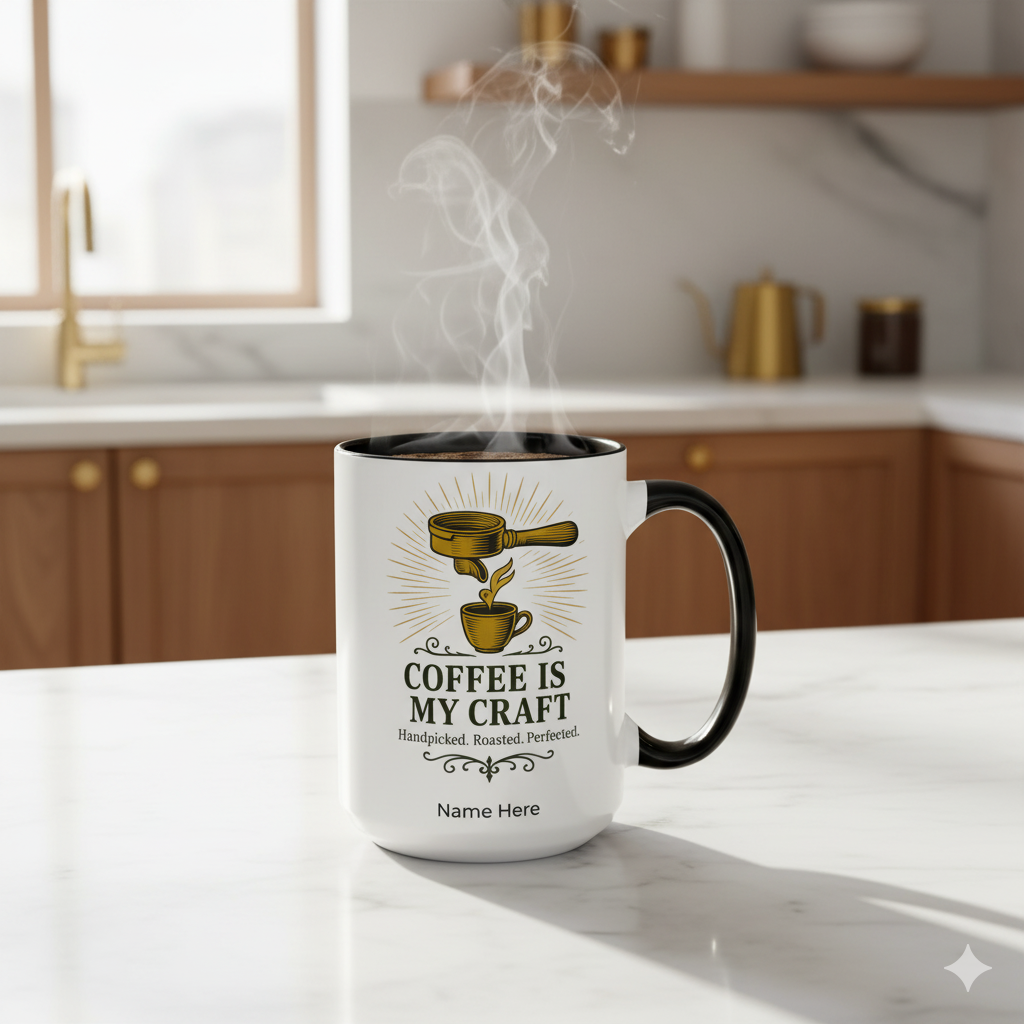 Coffee is my craft mug with steam, personalized gift for coffee lovers in a cozy kitchen setting.