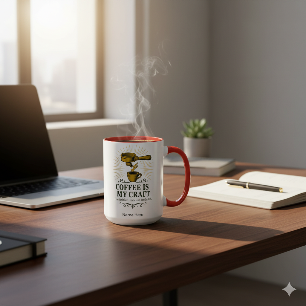 Coffee Is My Craft Mug on a desk with a laptop, personalized gift for coffee lovers.