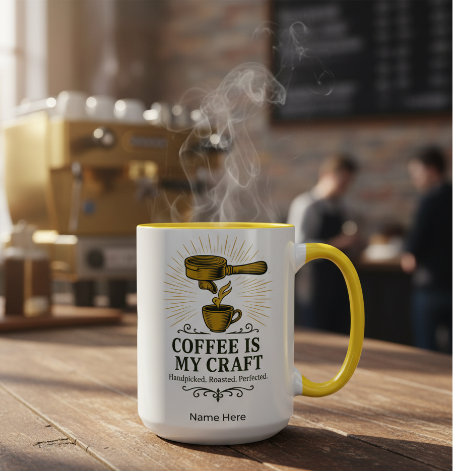 Coffee is my craft mug with steam rising, personalized gift for coffee lovers in a cozy café setting.