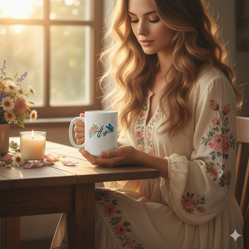 Cozy scene with woman holding a personalized butterfly name mug with Alison text, custom floral coffee gift.