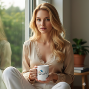 Woman holding personalized butterfly name mug with Rachel text near window, floral coffee cup gift for her.