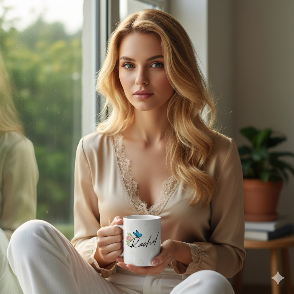 Woman holding personalized butterfly name mug with Rachel text near window, floral coffee cup gift for her.