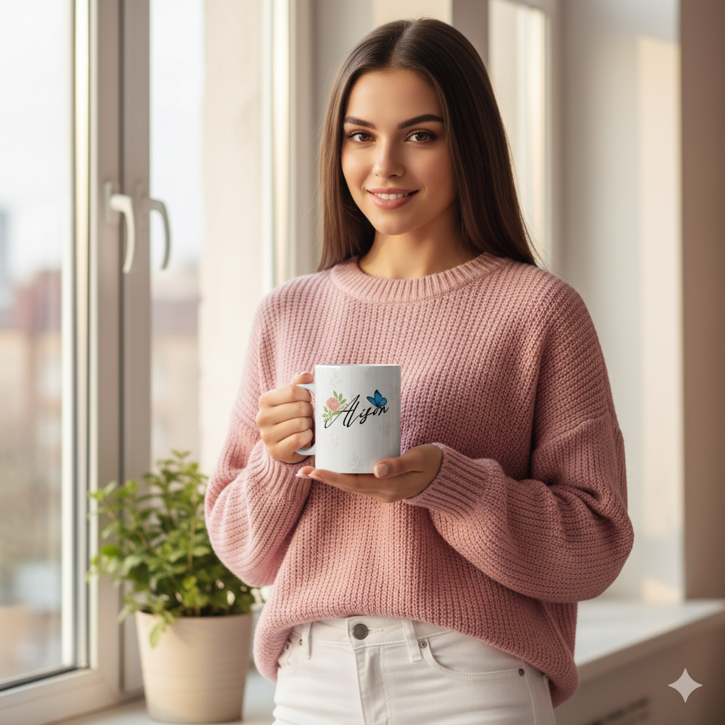 Personalized butterfly name mug with Alison text held by woman in pink sweater, customizable floral coffee cup.
