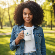 Outdoor portrait of woman holding a personalized butterfly name mug with Rachel text, floral ceramic coffee cup.