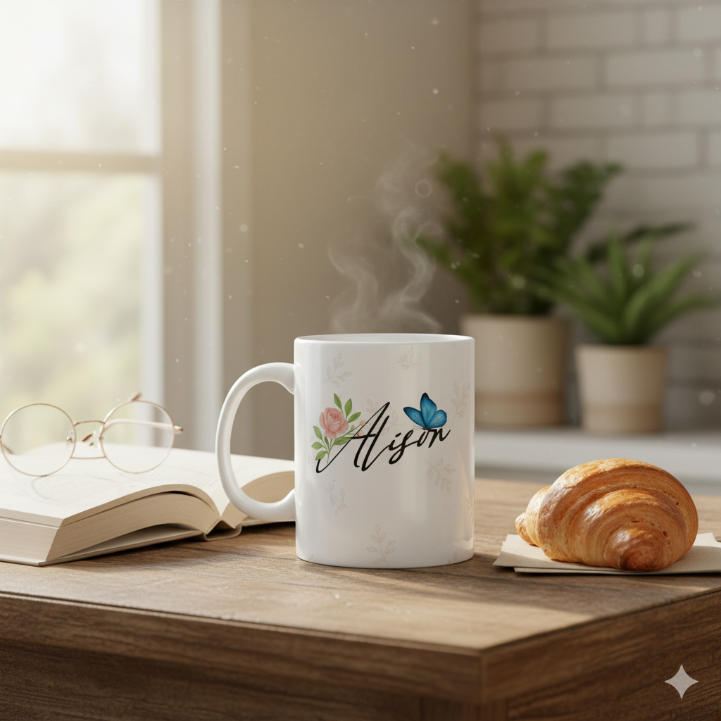 Personalized butterfly name mug with Alison text on table with book and croissant, custom floral coffee cup gift
