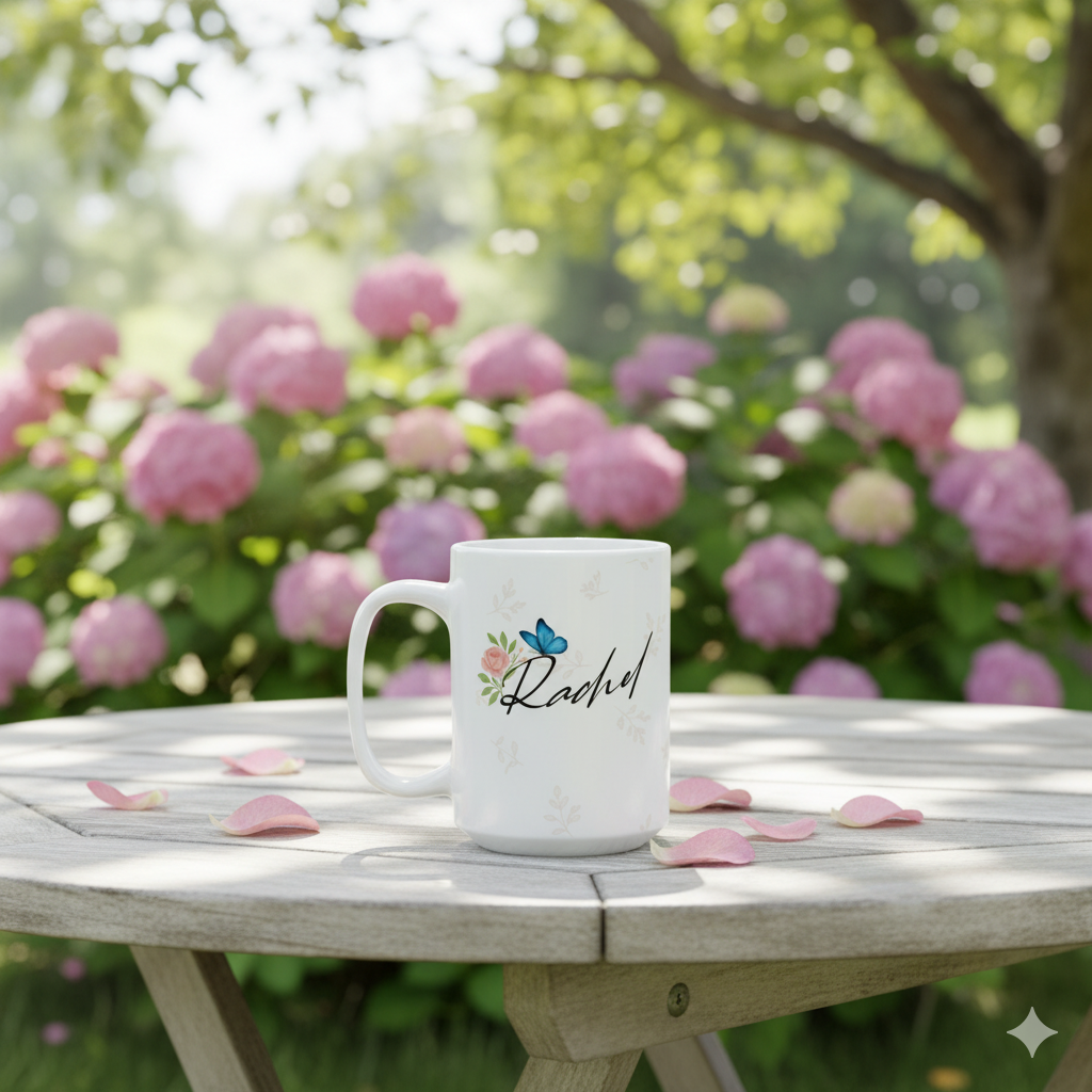 Personalized butterfly name mug with Rachel text on garden table surrounded by pink hydrangeas.