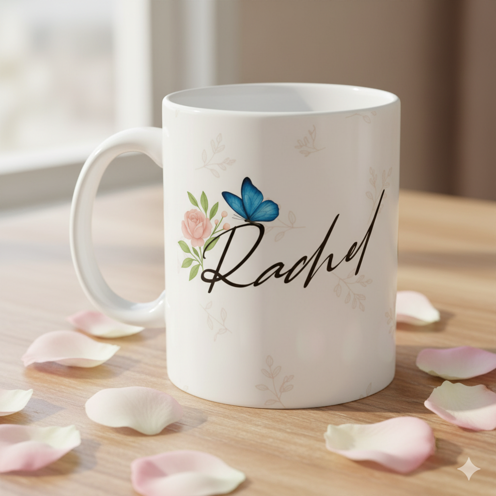 Personalized butterfly name mug with Rachel text on wooden table, floral coffee cup with petals.