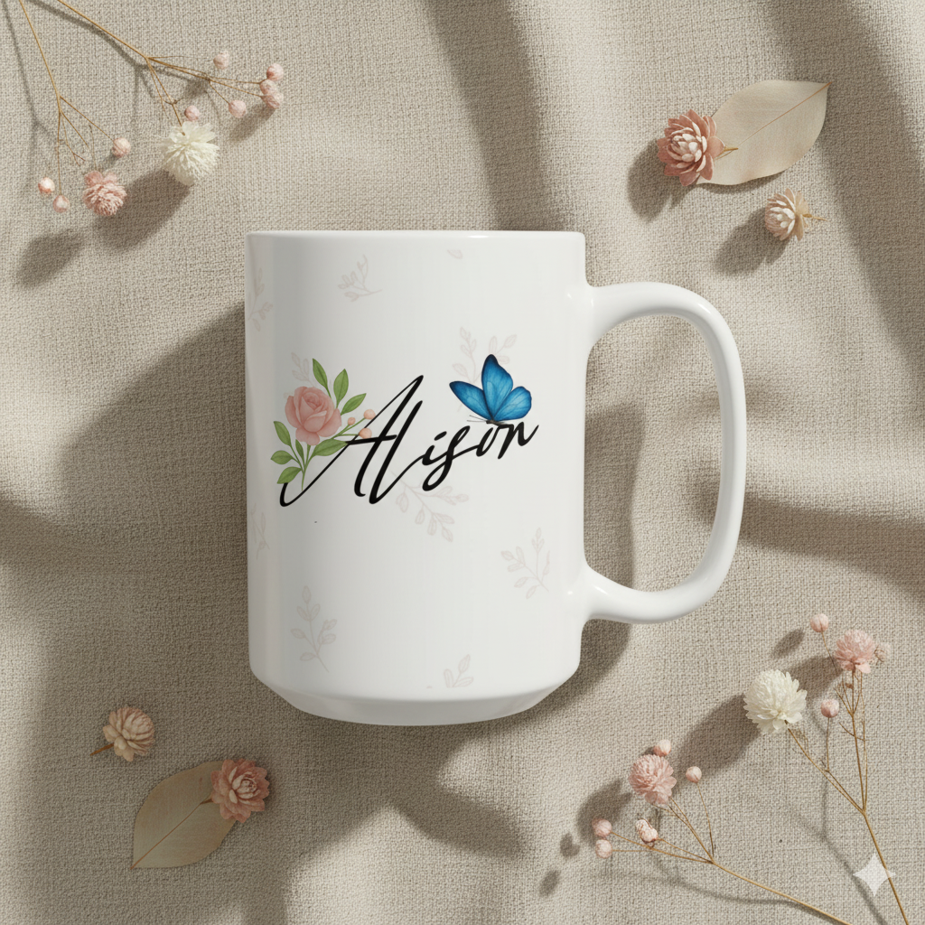 Elegant personalized butterfly name mug with Alison text and floral design on fabric background