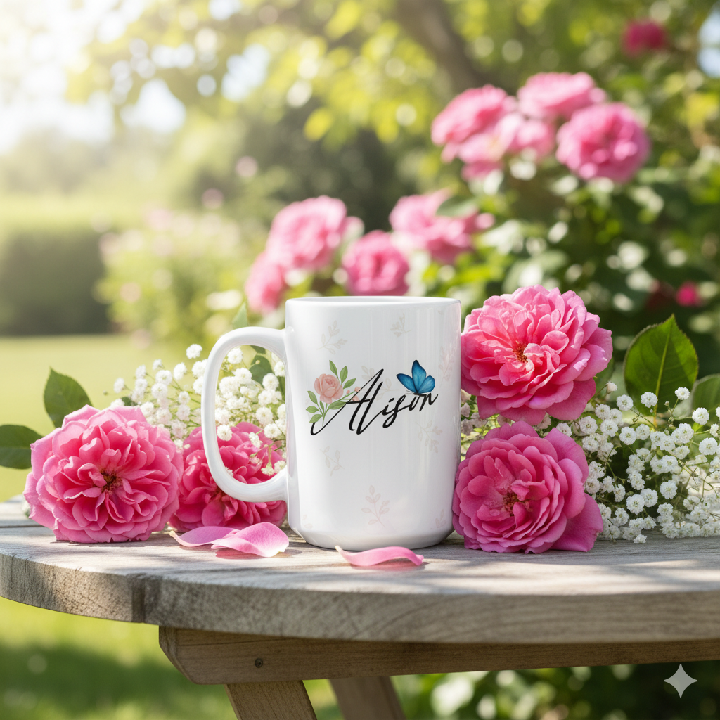 Personalized butterfly name mug with Alison text among pink roses, custom floral ceramic coffee gift.