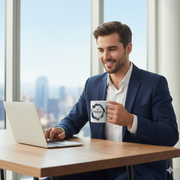 Personalized Mens Name Mug held by a man in a suit while working on a laptop, stylish design with motivational quote.