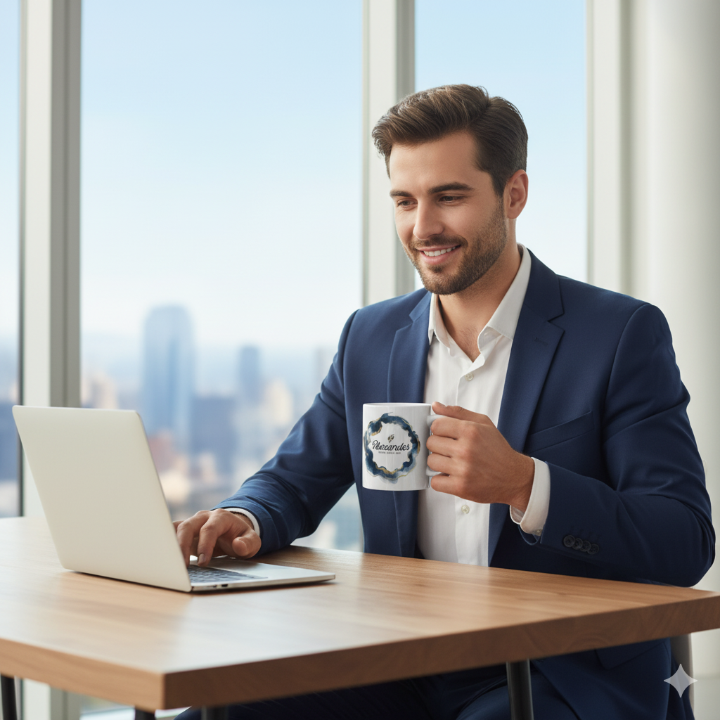 Personalized Mens Name Mug held by a man in a suit while working on a laptop, stylish design with motivational quote.