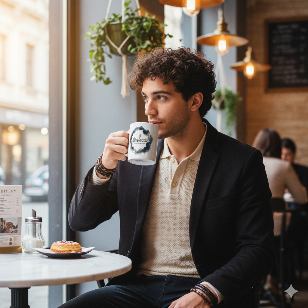 Personalized Mens Name Mug held by a man in a cafe, featuring custom name and quote design.