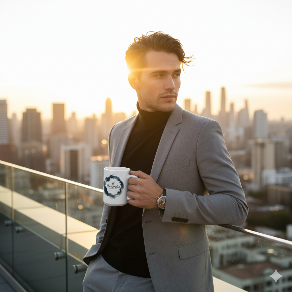 Personalized Mens Name Mug held by a stylish man in a suit against a city skyline at sunset.