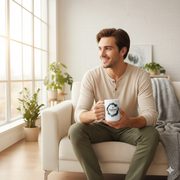 Personalized Mens Name Mug– Custom Name & Quote, 11oz/15oz, modern design, man enjoying coffee in stylish living room.