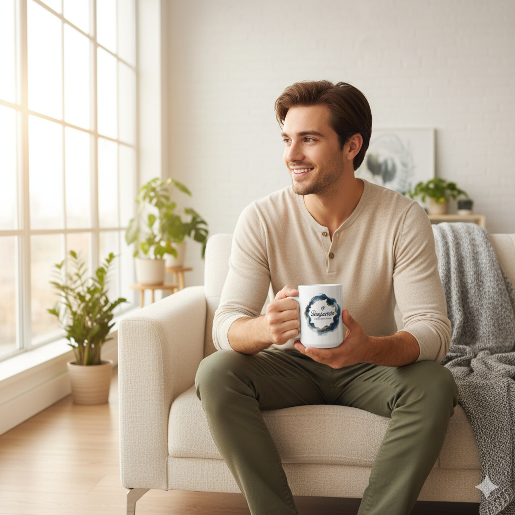 Personalized Mens Name Mug– Custom Name & Quote, 11oz/15oz, modern design, man enjoying coffee in stylish living room.