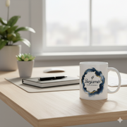 Personalized Mens Name Mug with the name 'Benjamin' and quote 'Travel with purpose' on a desk.