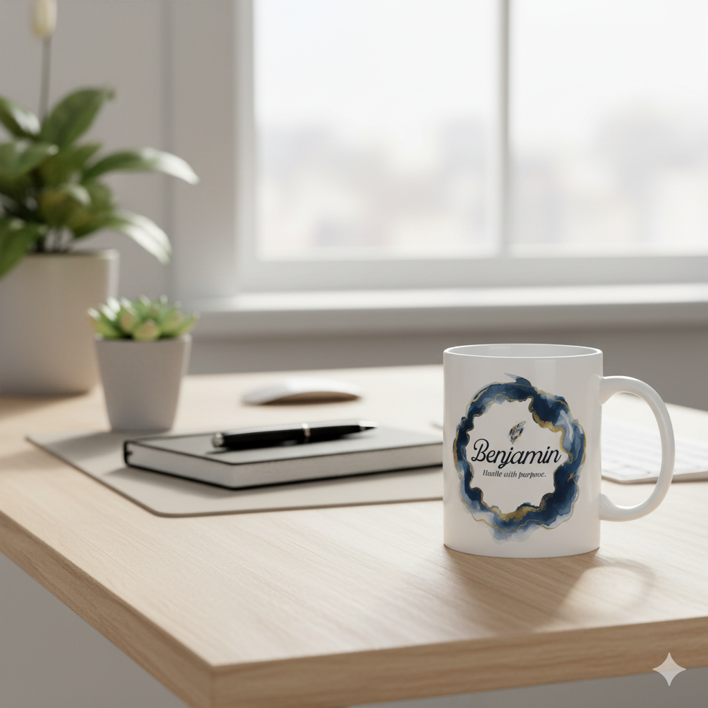 Personalized Mens Name Mug with the name 'Benjamin' and quote 'Travel with purpose' on a desk.