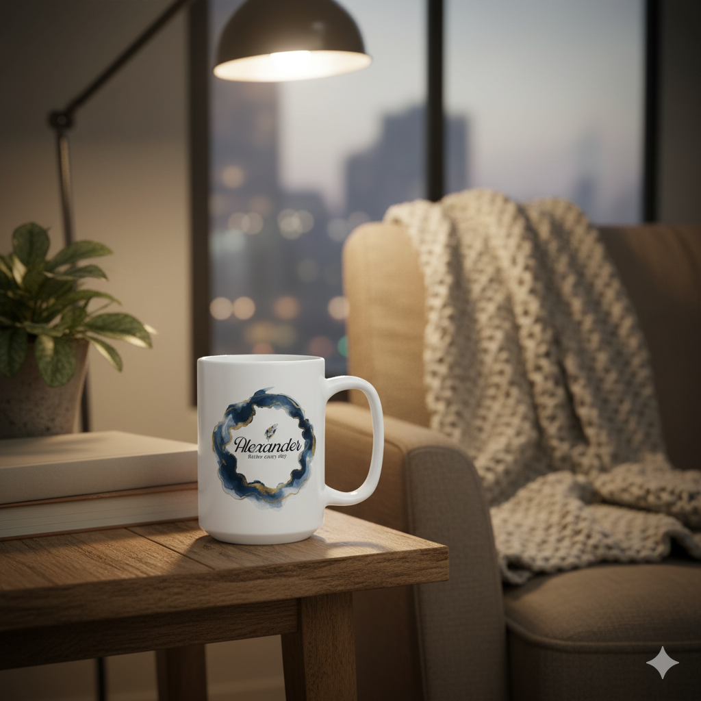 Personalized Mens Name Mug with custom name design on a wooden table in a cozy living room setting.