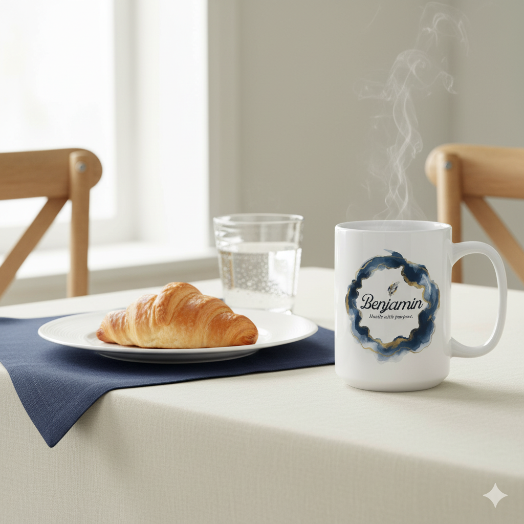 Personalized Mens Name Mug with the name 'Benjamin', steam rising, croissant, and glass of water on a table.