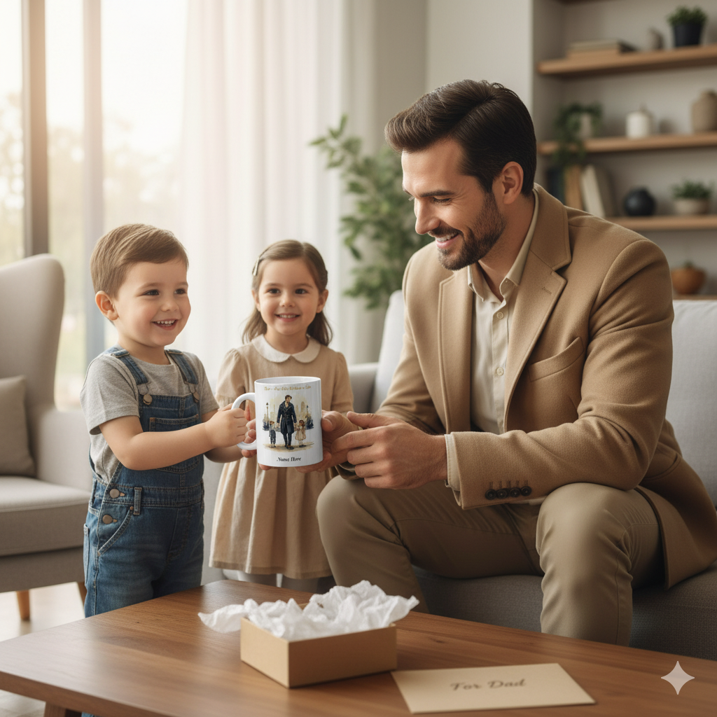 Personalized Dad Name Mug held by a father with his children in a cozy living room, celebrating a heartfelt gift.