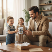 Personalized Dad Name Mug held by a father with his children in a cozy living room, celebrating a heartfelt gift.