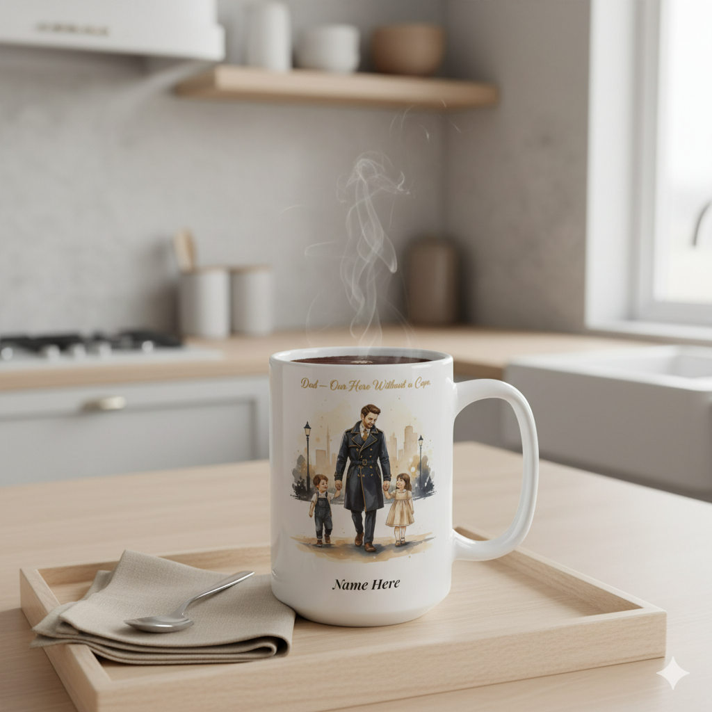 Personalized Dad Name Mug featuring custom name and quote with illustration in a cozy kitchen setting.