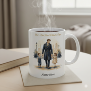 Personalized Dad Name Mug featuring kids and dad illustration with the quote 'Our Hero Without a Cape'.