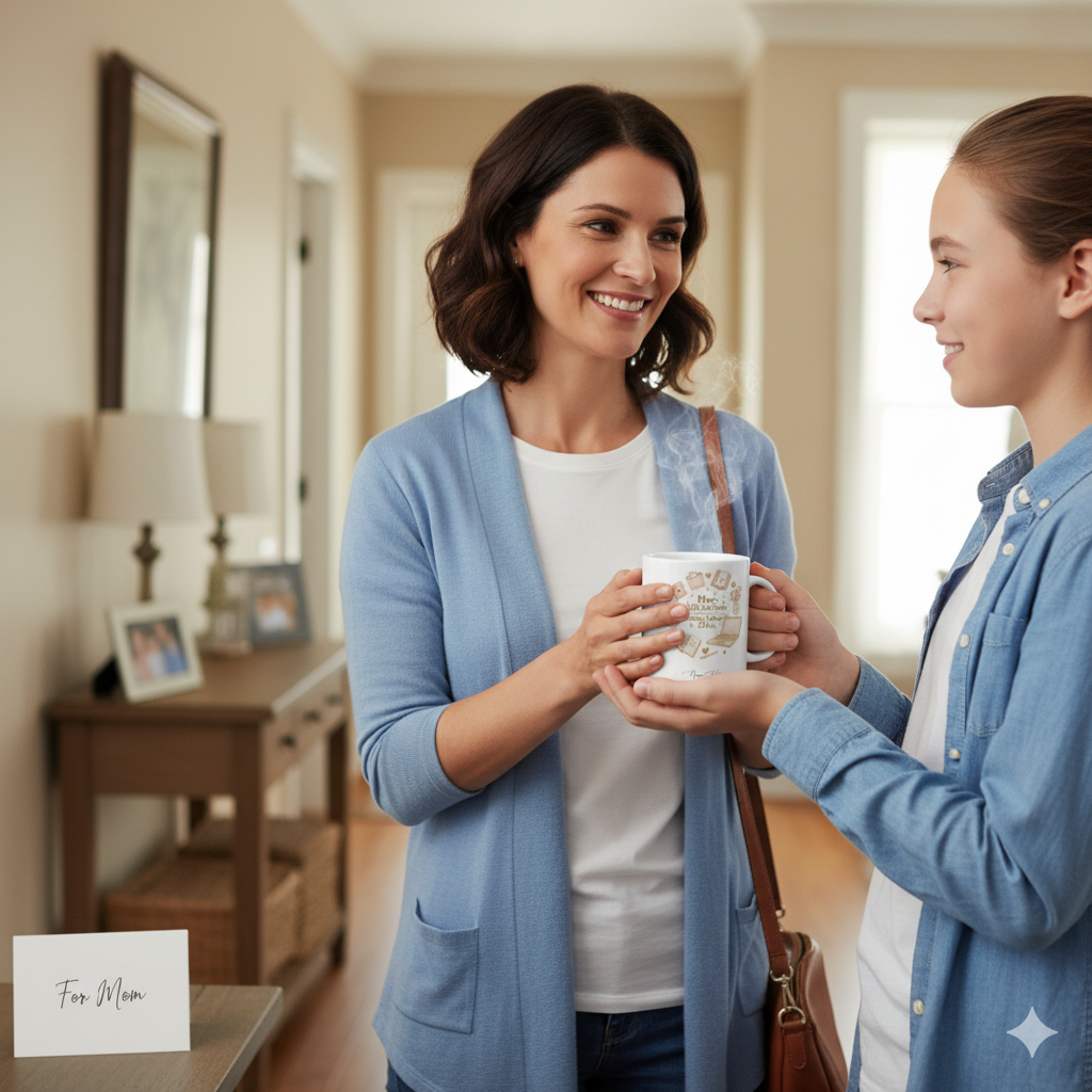 A woman smiling while receiving a Personalized Mom Mug from a girl, showcasing a heartfelt moment in a cozy home.