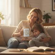 Personalized Mom Mug held by a smiling mother cuddling her son on a cozy sofa, perfect gift for moms.