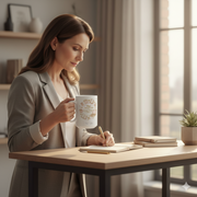 Personalized Mom Mug held by a woman writing at a desk, showcasing its custom design for a thoughtful gift.