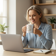 Woman smiling while holding a Personalized Mom Mug, enjoying a moment at her desk with a laptop and notebook.
