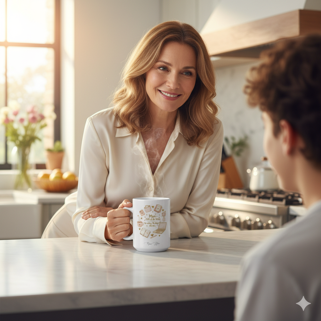 Personalized Mom Mug featuring a smiling woman enjoying coffee in a cozy kitchen, custom name option available.