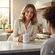 Personalized Mom Mug featuring a smiling woman enjoying coffee in a cozy kitchen, custom name option available.