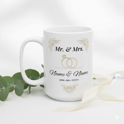 Personalized wedding mug with Mr. & Mrs. design and customizable names and date, perfect for wedding gifts.