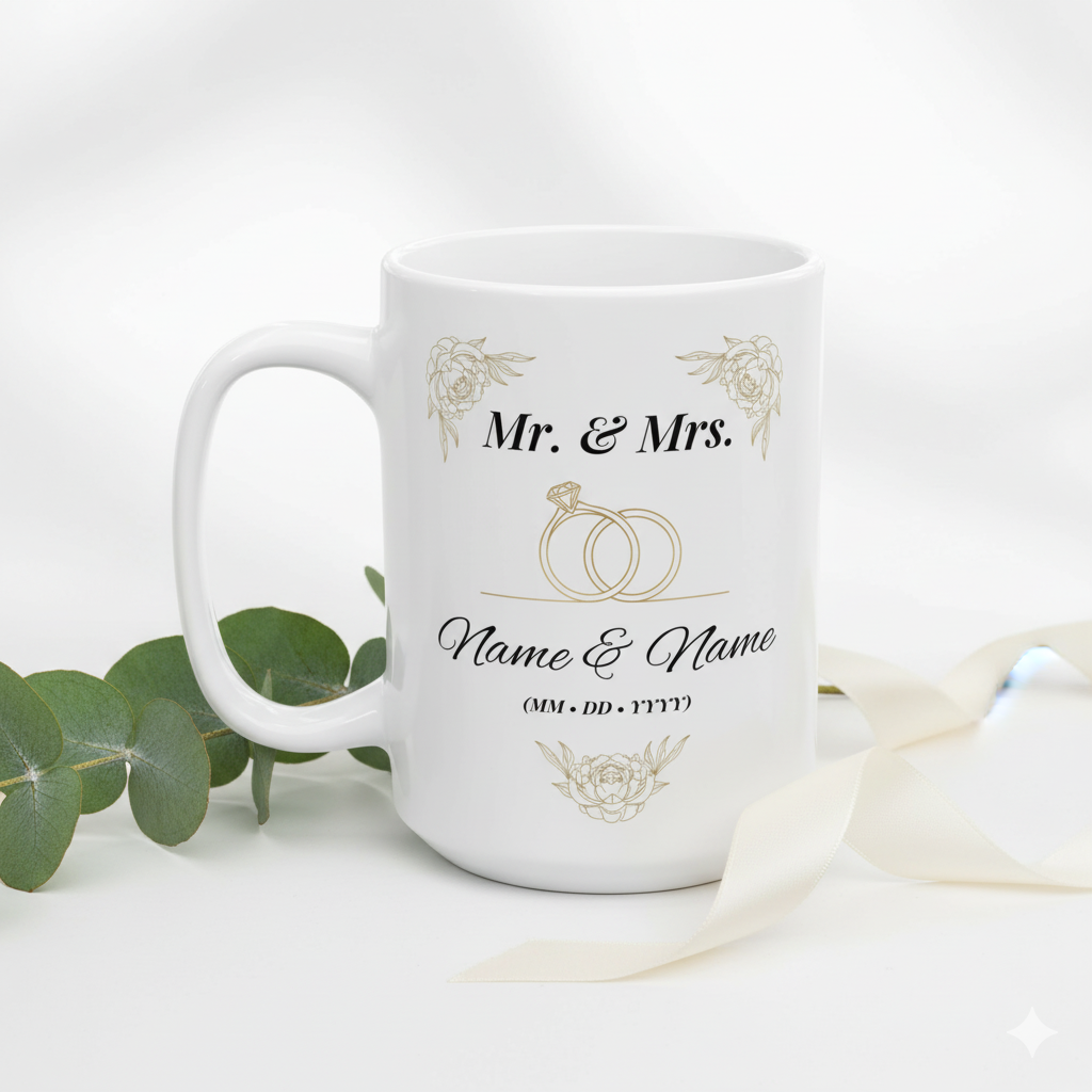 Personalized wedding mug with Mr. & Mrs. design and customizable names and date, perfect for wedding gifts.