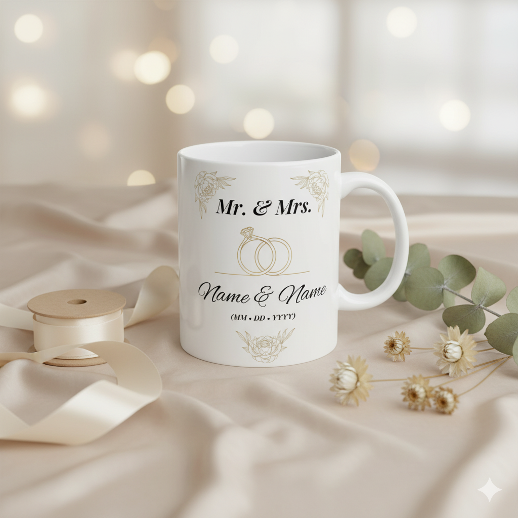 Personalized wedding mug featuring Mr. & Mrs. with custom names and rings, perfect keepsake for couples.