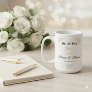 Personalized Wedding Mug featuring Mr & Mrs design with custom names and wedding rings on a stylish background.