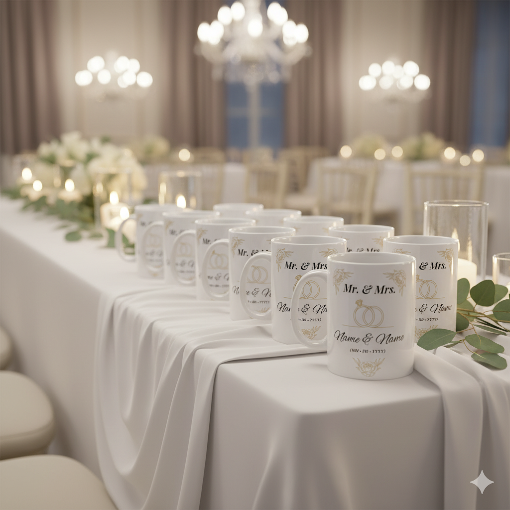 Personalized Wedding Mug beautifully displayed on an elegant wedding reception table.