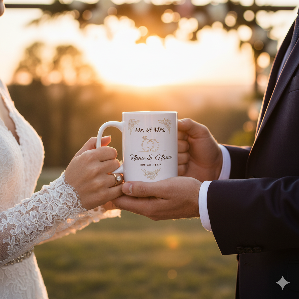 Personalized wedding mug held by a couple featuring their names and wedding date in a romantic sunset setting.