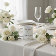 Personalized wedding mug displayed on a beautifully set table with white roses, symbolizing love and commitment.