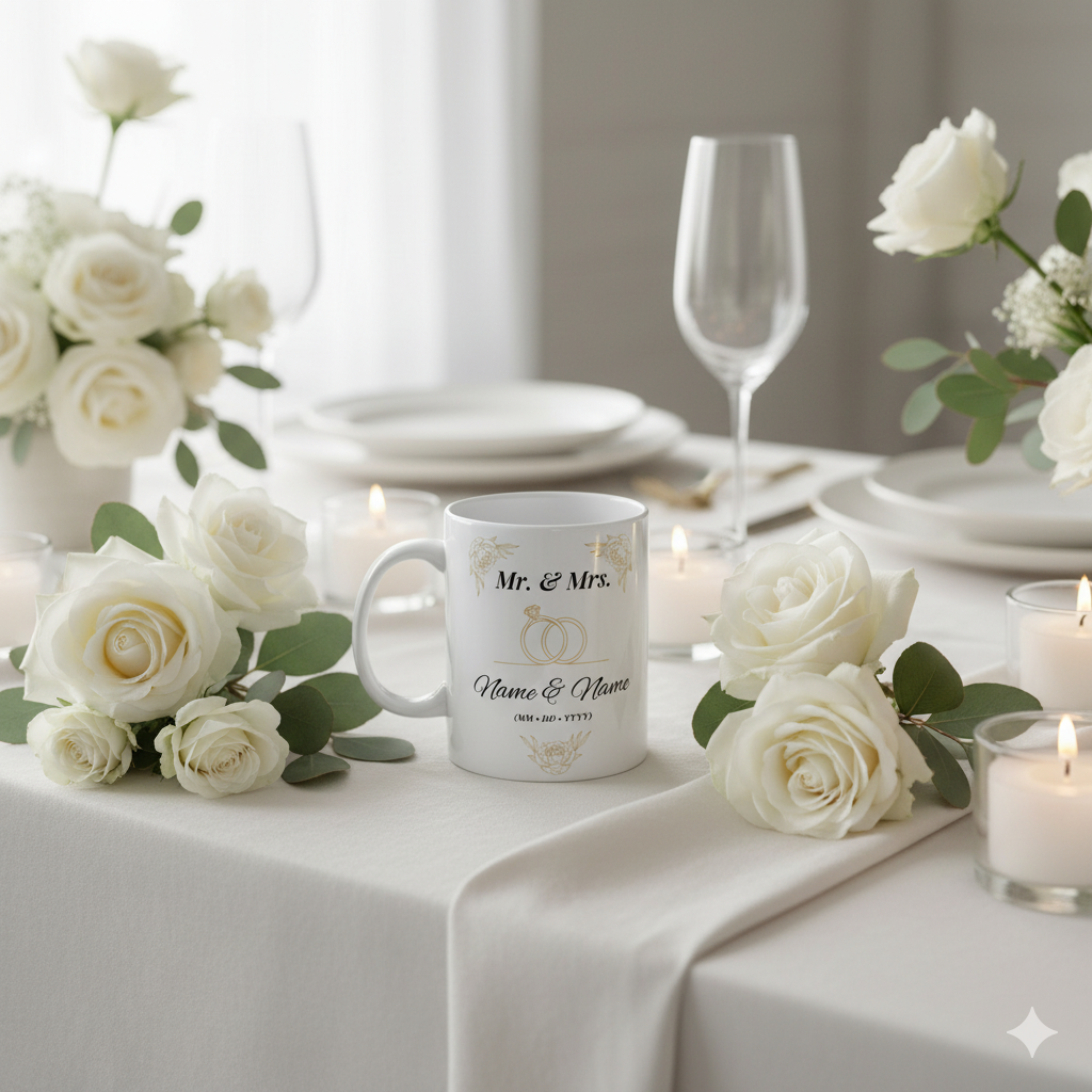 Personalized wedding mug displayed on a beautifully set table with white roses, symbolizing love and commitment.