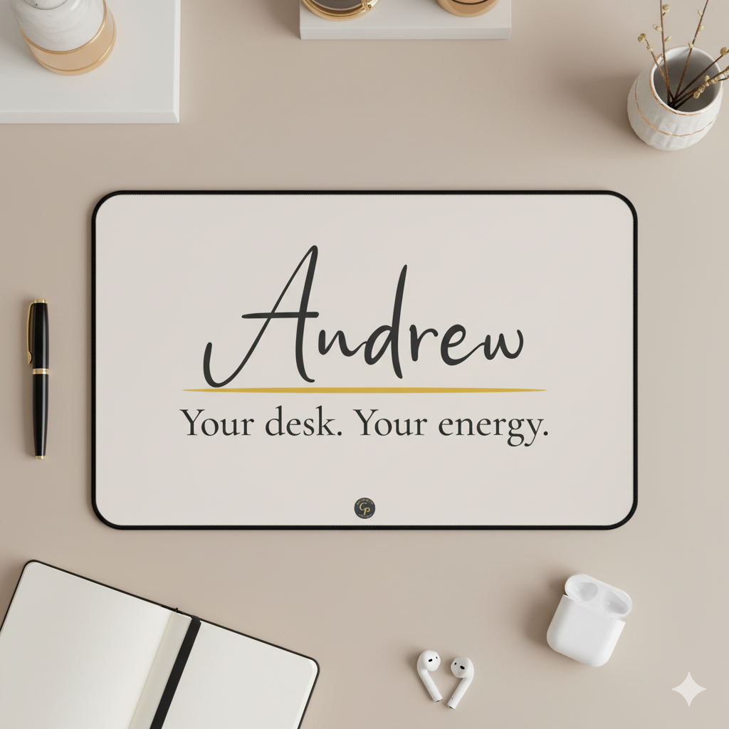 personalized desk mat with custom name Andrew on a beige aesthetic workspace