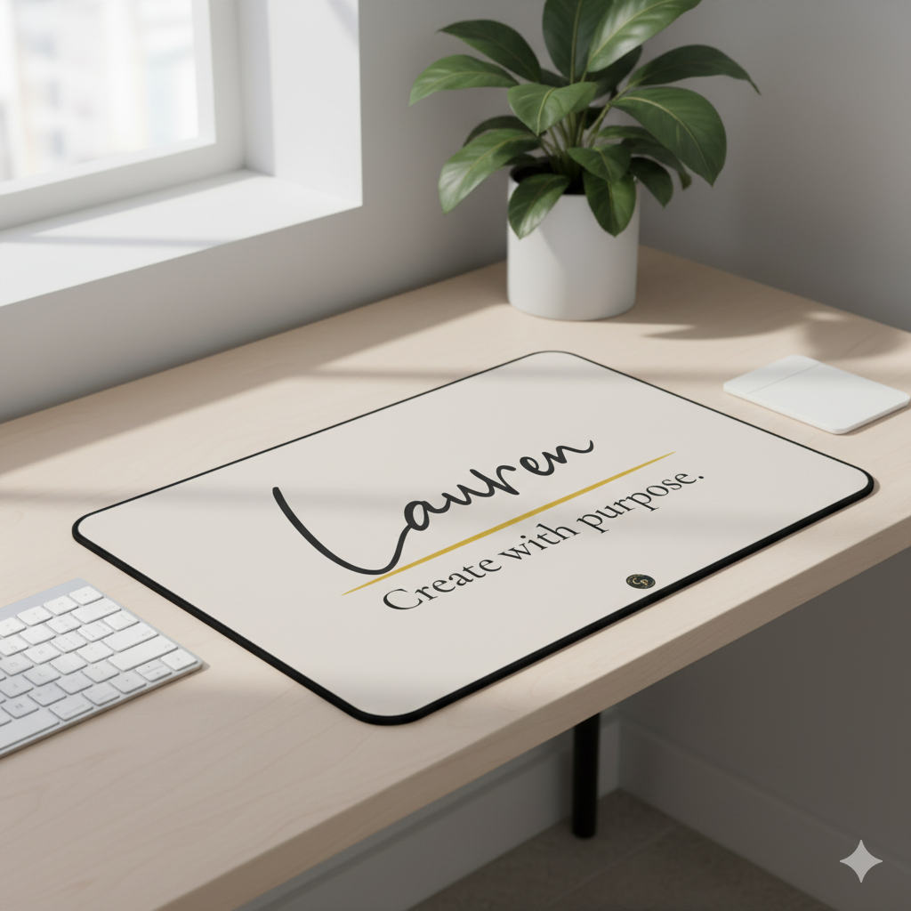 personalized desk mat with custom name on a bright modern workspace