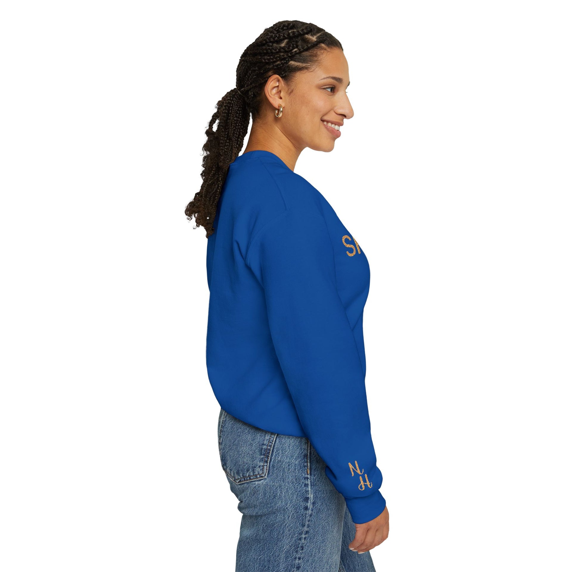 Side view of woman wearing blue Embroidered Shine On Sweatshirt