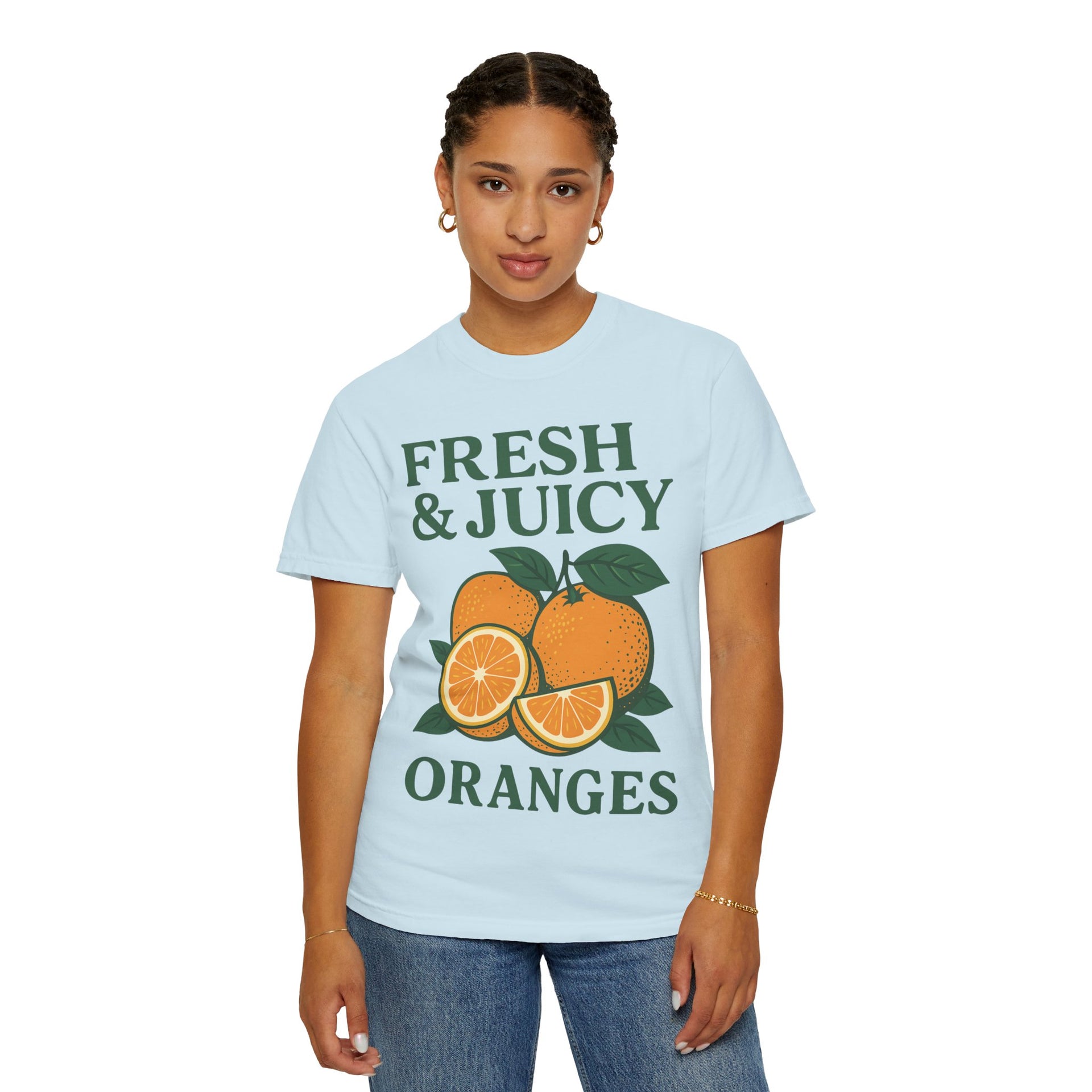 Woman wearing Fresh and Juicy Oranges T Shirt in light blue – cheerful retro fruit design