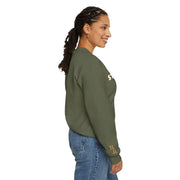 Woman wearing military green Embroidered Stay True Sweatshirt side view